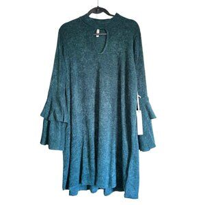 Teal Bell Sleeve Knee Length Dress Size Keyhole Sweater Dress